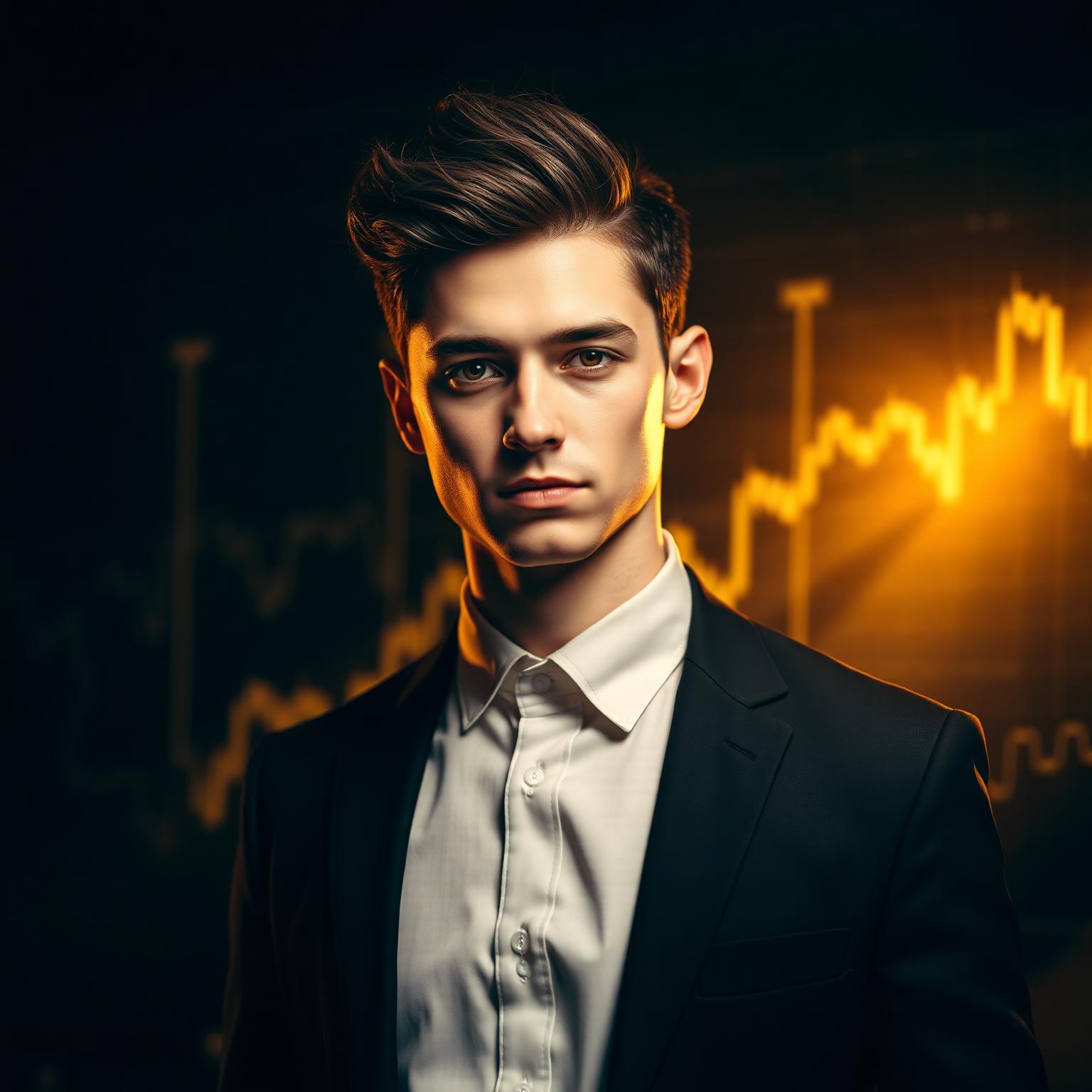 Jovem trader de terno preto com gráficos dourados ao fundo